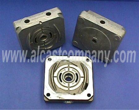 cast aluminum hydrostatic transmission valve body end cap for lawn and garden equipment.